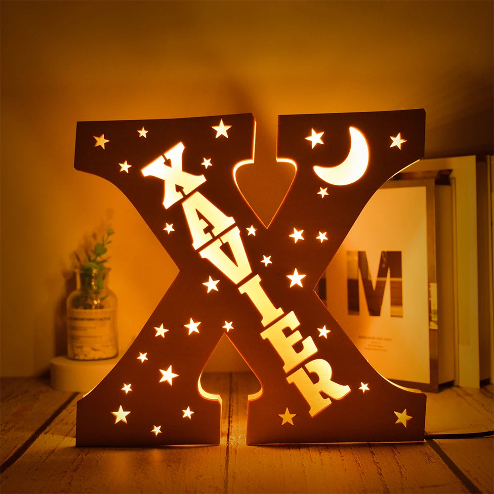 Custom 26 Letters LED Night Light Personalized With Stars Wooden Lamp