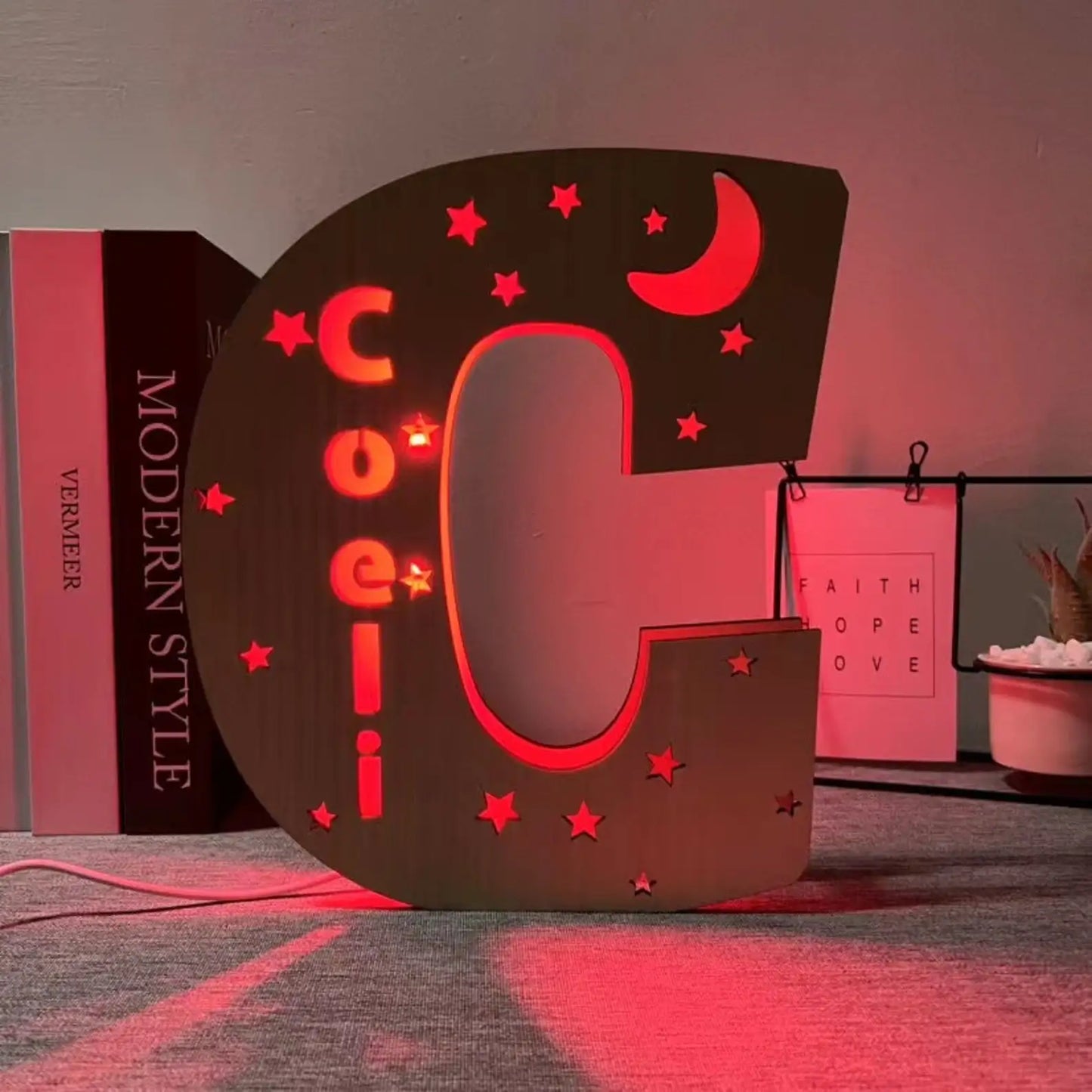 Custom 26 Letters LED Night Light Personalized With Stars Wooden Lamp