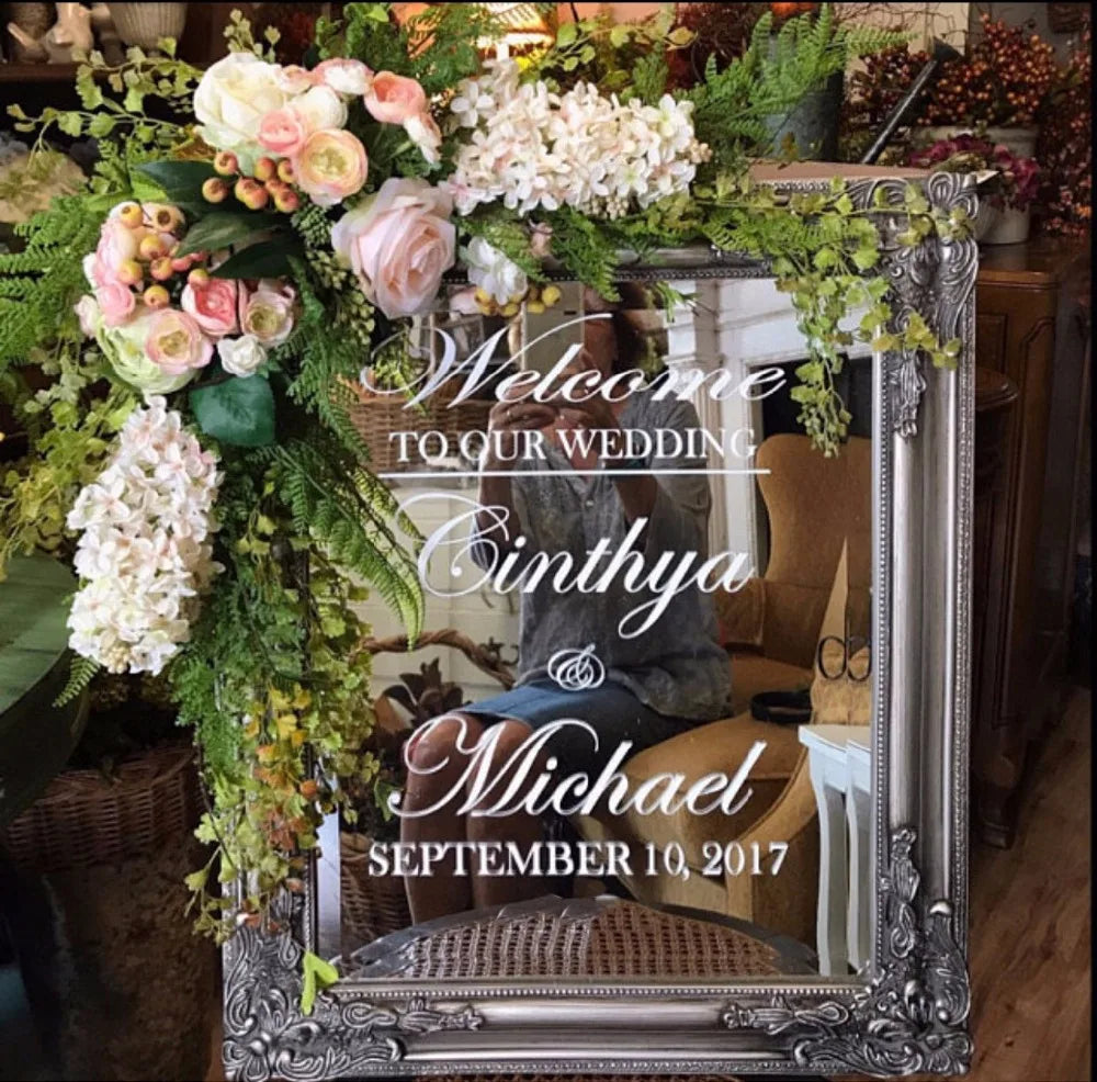 Wedding Welcome Mirror Vinyl Sticker Simple Design Personalized Names
