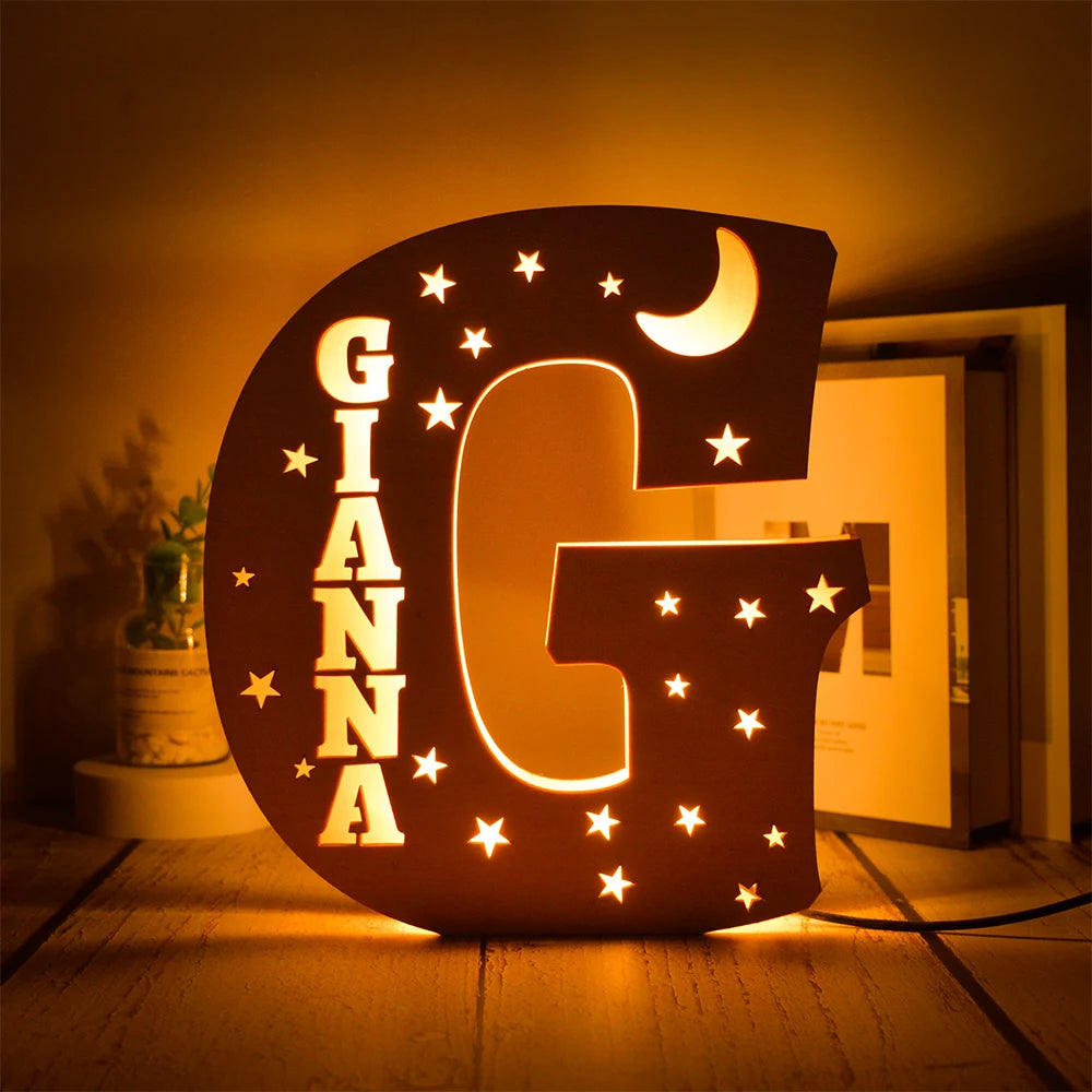Custom 26 Letters LED Night Light Personalized With Stars Wooden Lamp