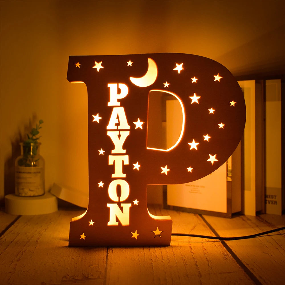 Custom 26 Letters LED Night Light Personalized With Stars Wooden Lamp