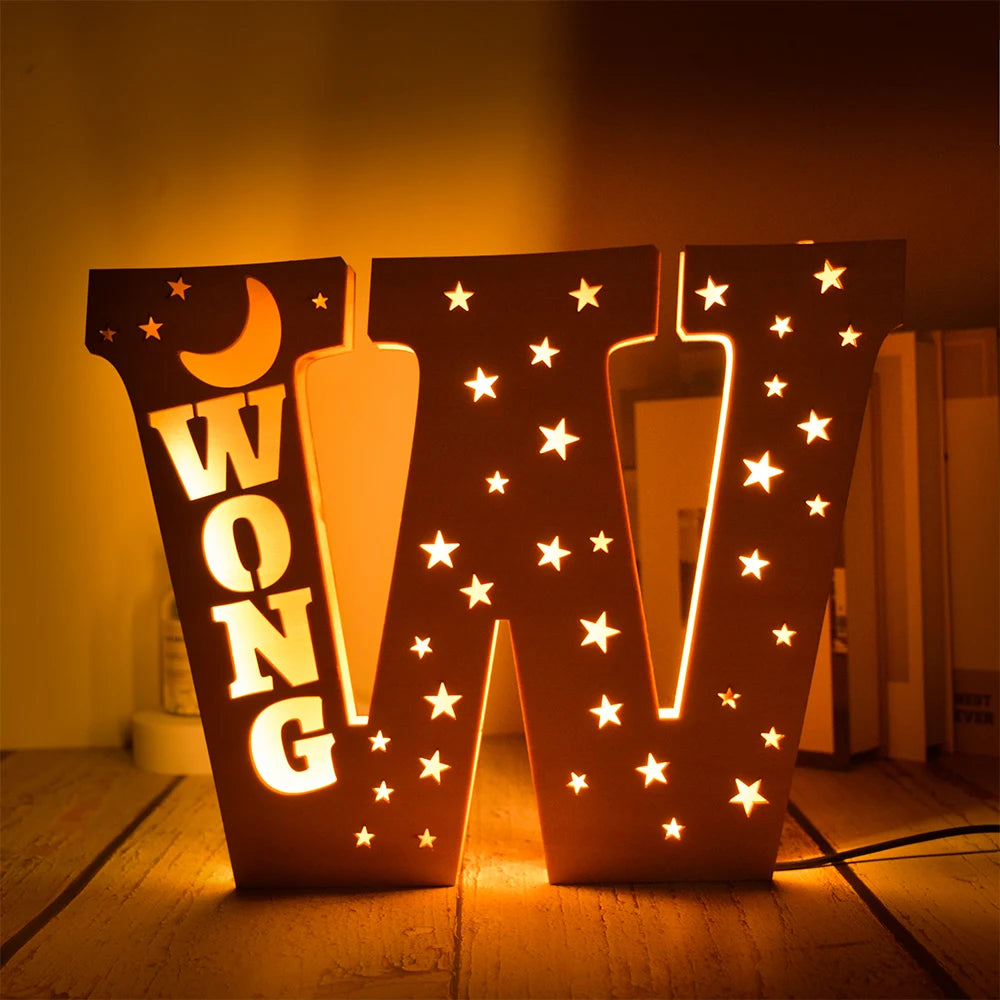Custom 26 Letters LED Night Light Personalized With Stars Wooden Lamp