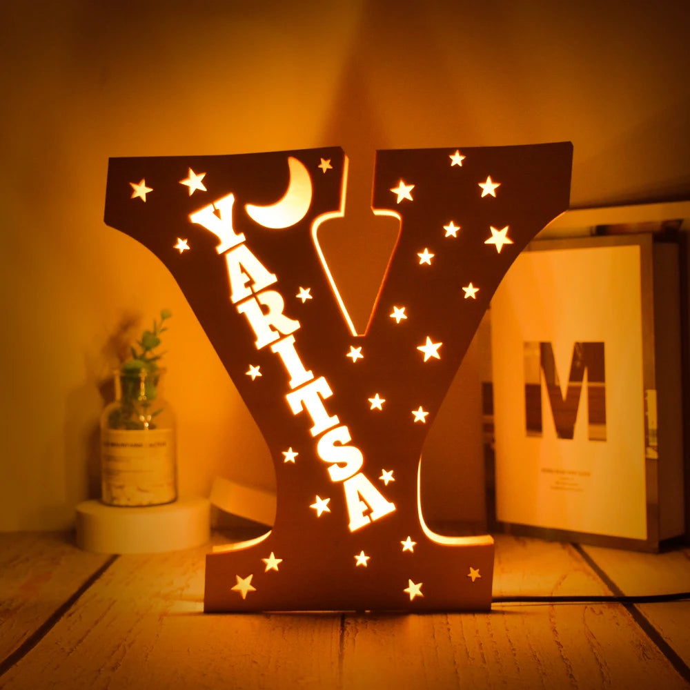 Custom 26 Letters LED Night Light Personalized With Stars Wooden Lamp