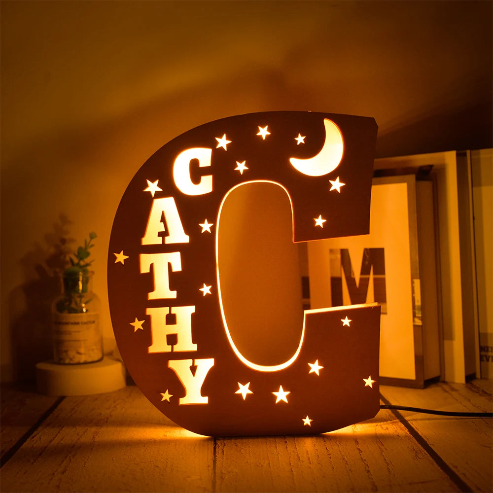 Custom 26 Letters LED Night Light Personalized With Stars Wooden Lamp