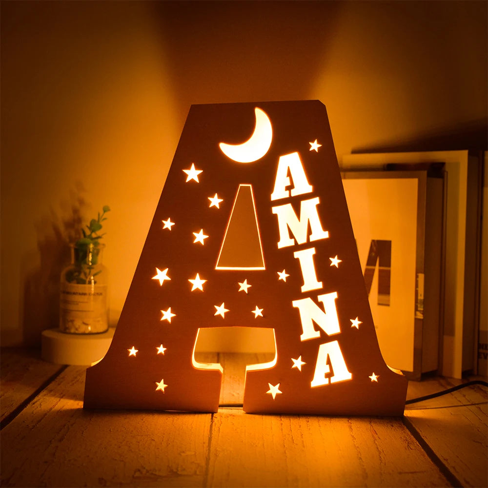 Custom 26 Letters LED Night Light Personalized With Stars Wooden Lamp