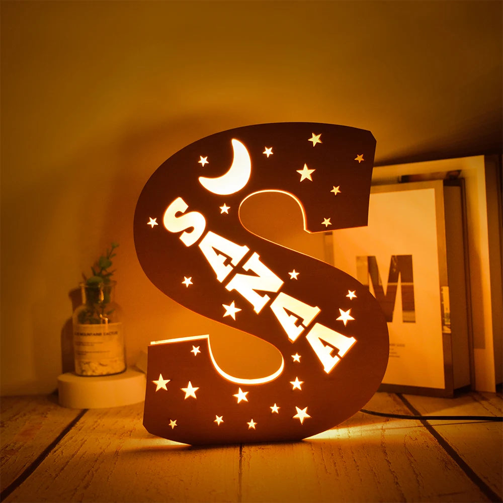 Custom 26 Letters LED Night Light Personalized With Stars Wooden Lamp