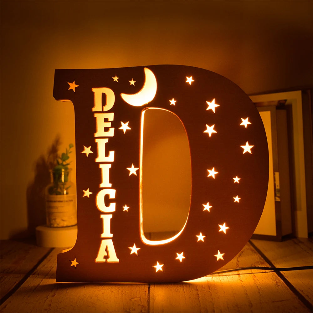 Custom 26 Letters LED Night Light Personalized With Stars Wooden Lamp