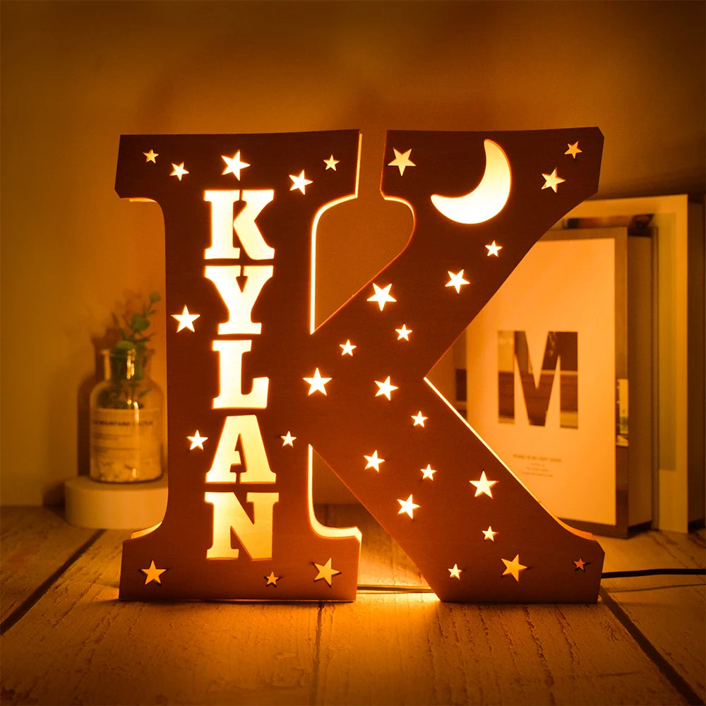 Custom 26 Letters LED Night Light Personalized With Stars Wooden Lamp