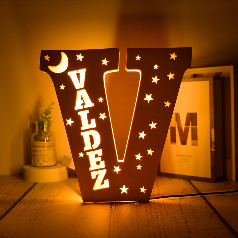 Custom 26 Letters LED Night Light Personalized With Stars Wooden Lamp