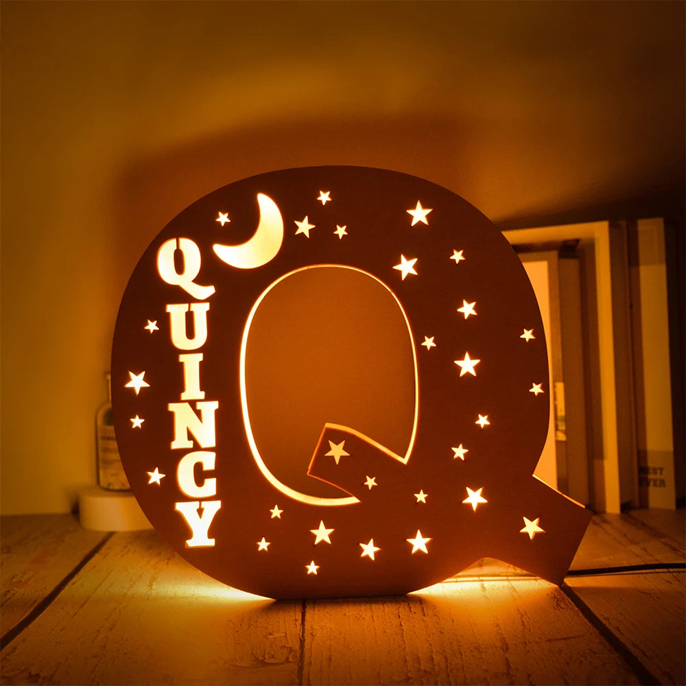 Custom 26 Letters LED Night Light Personalized With Stars Wooden Lamp