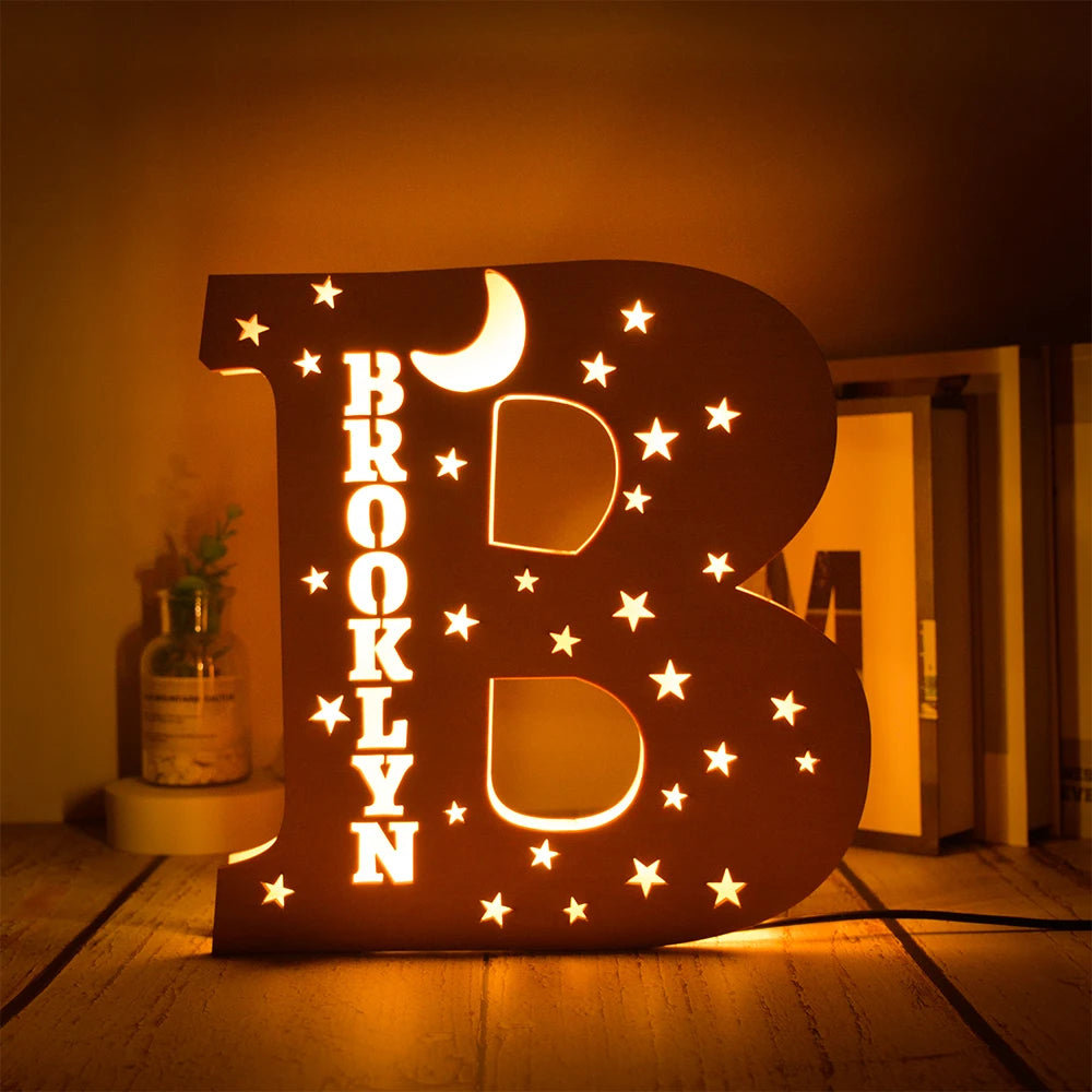 Custom 26 Letters LED Night Light Personalized With Stars Wooden Lamp