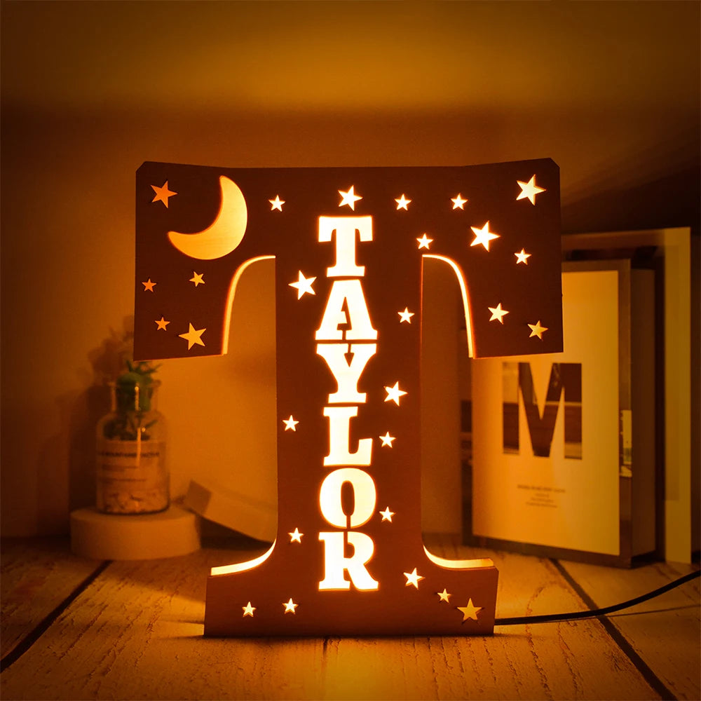 Custom 26 Letters LED Night Light Personalized With Stars Wooden Lamp