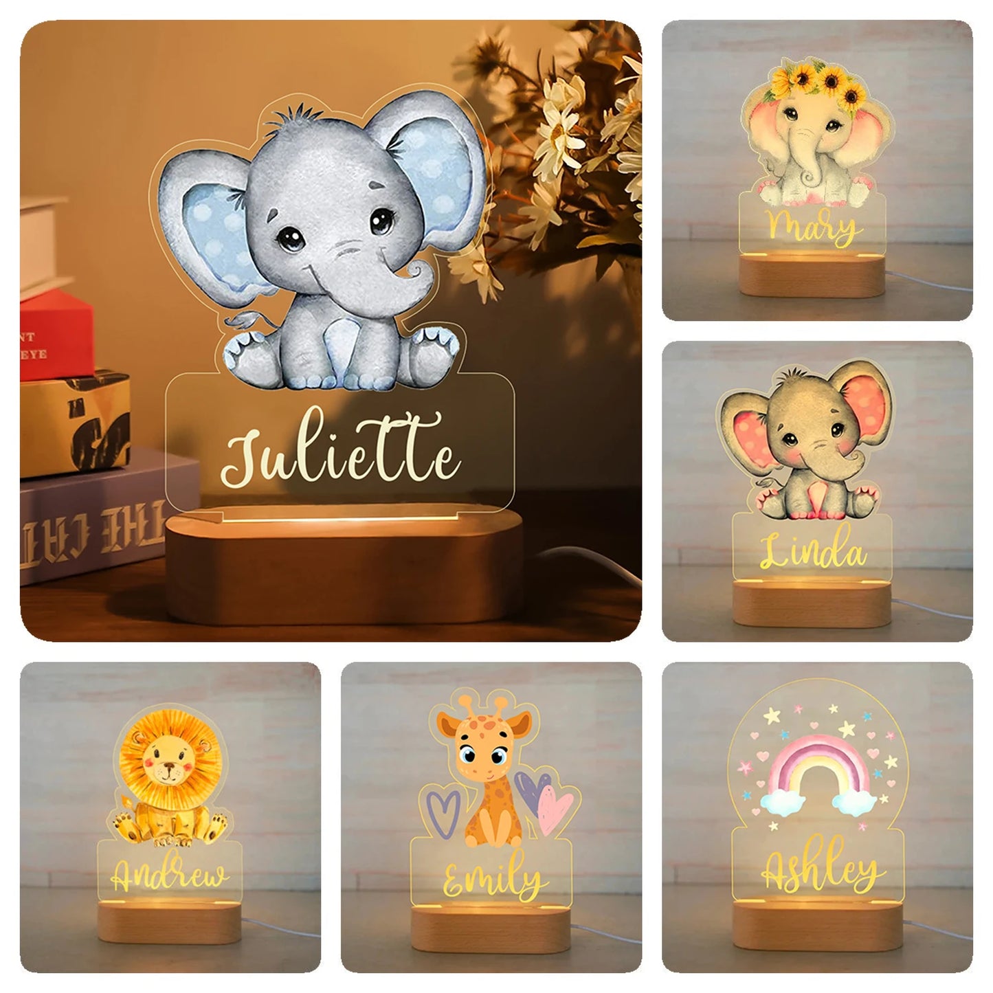 Personalized Children Animal Night Light Custom Name Acrylic Lamp