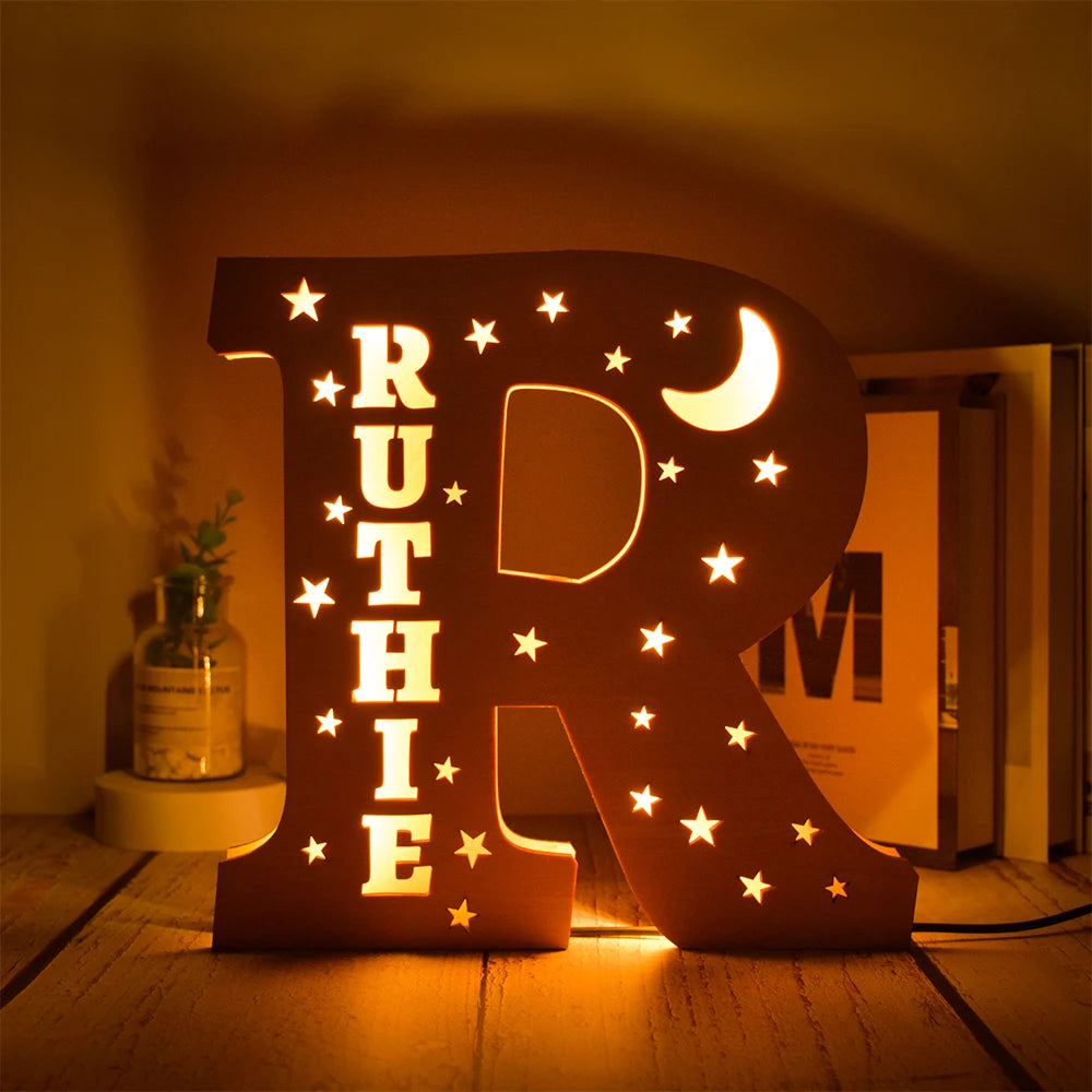 Custom 26 Letters LED Night Light Personalized With Stars Wooden Lamp