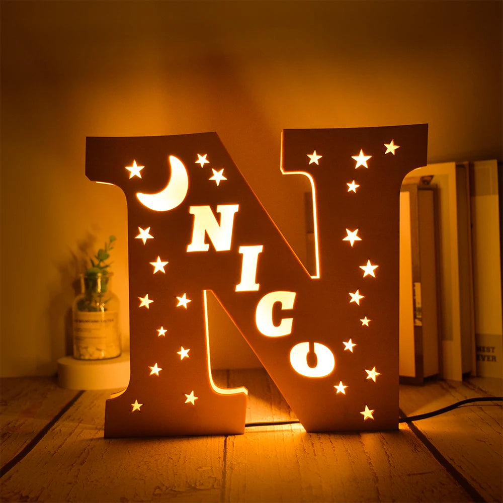 Custom 26 Letters LED Night Light Personalized With Stars Wooden Lamp