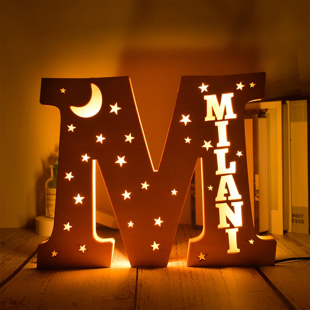 Custom 26 Letters LED Night Light Personalized With Stars Wooden Lamp