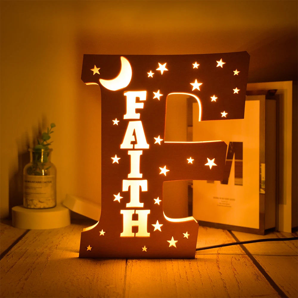 Custom 26 Letters LED Night Light Personalized With Stars Wooden Lamp