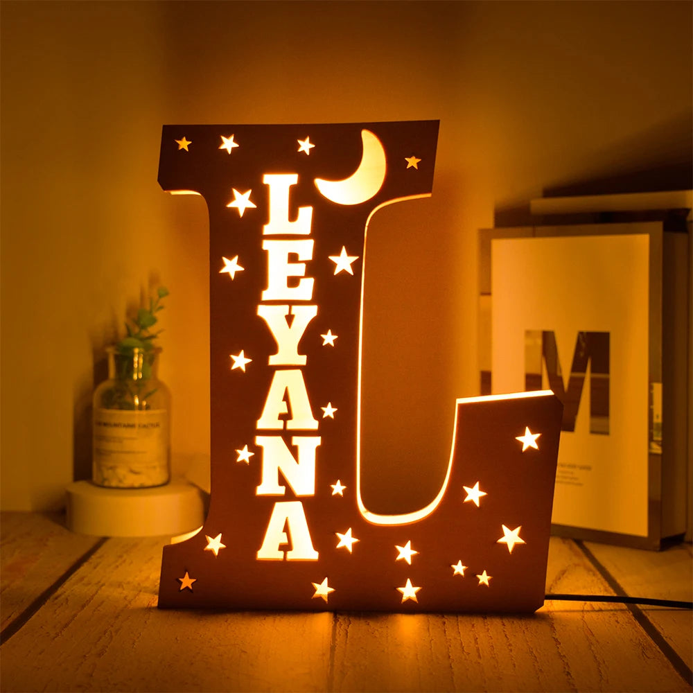 Custom 26 Letters LED Night Light Personalized With Stars Wooden Lamp