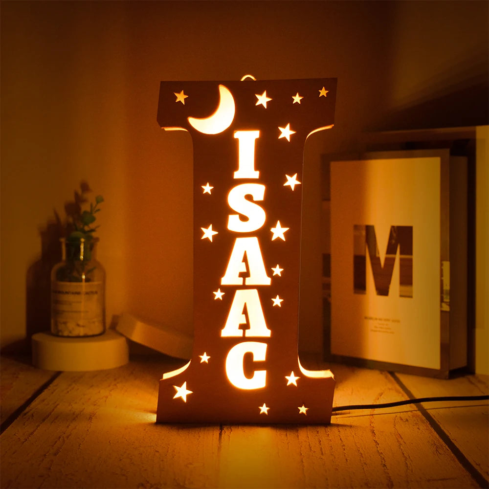 Custom 26 Letters LED Night Light Personalized With Stars Wooden Lamp