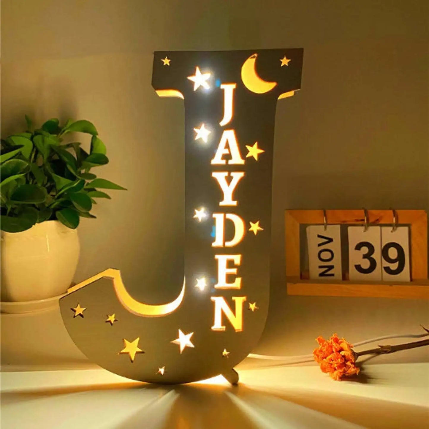 Custom 26 Letters LED Night Light Personalized With Stars Wooden Lamp