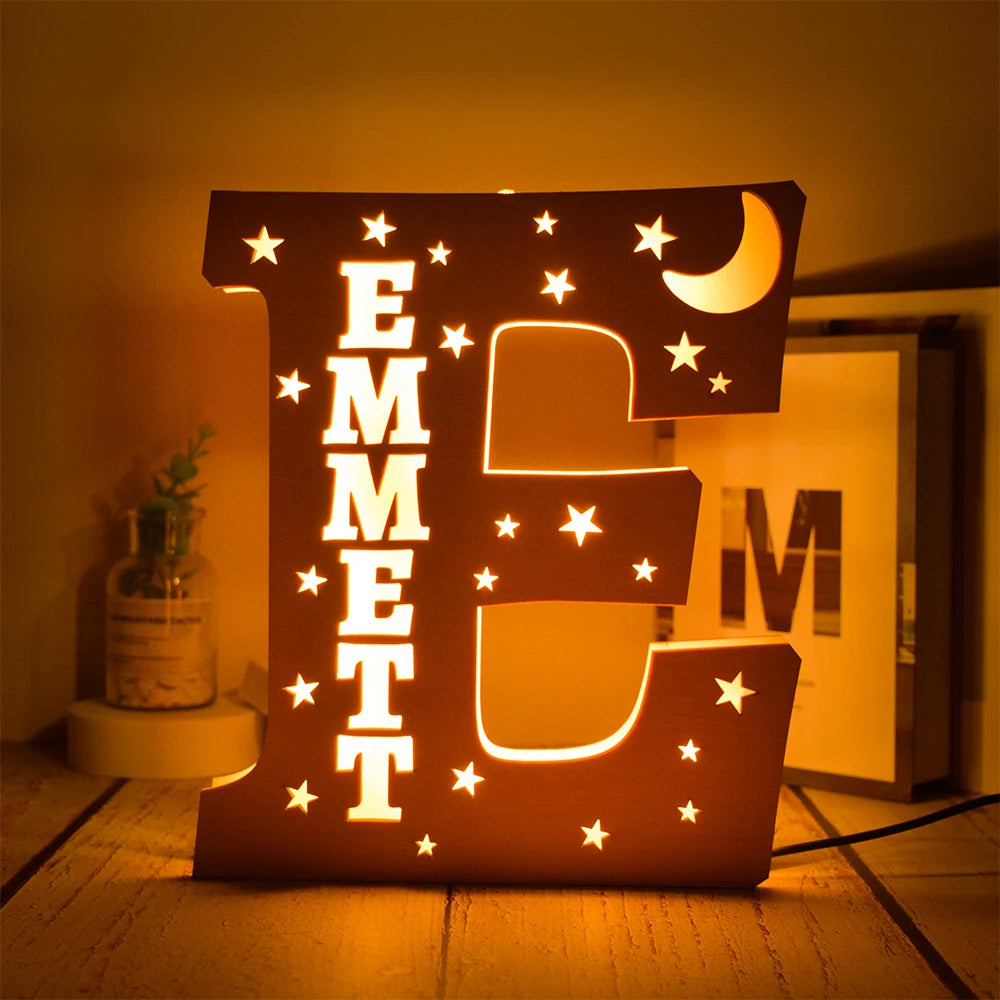 Custom 26 Letters LED Night Light Personalized With Stars Wooden Lamp