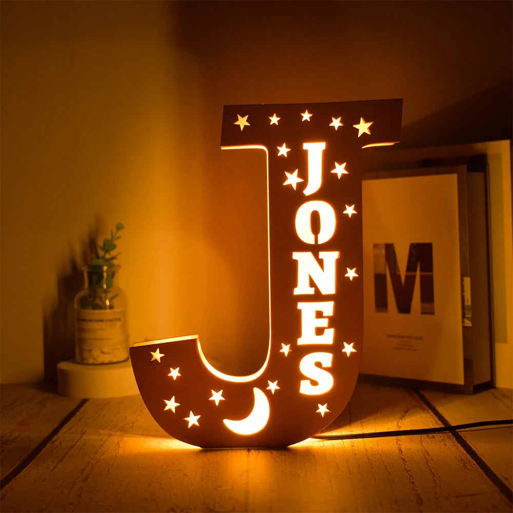 Custom 26 Letters LED Night Light Personalized With Stars Wooden Lamp