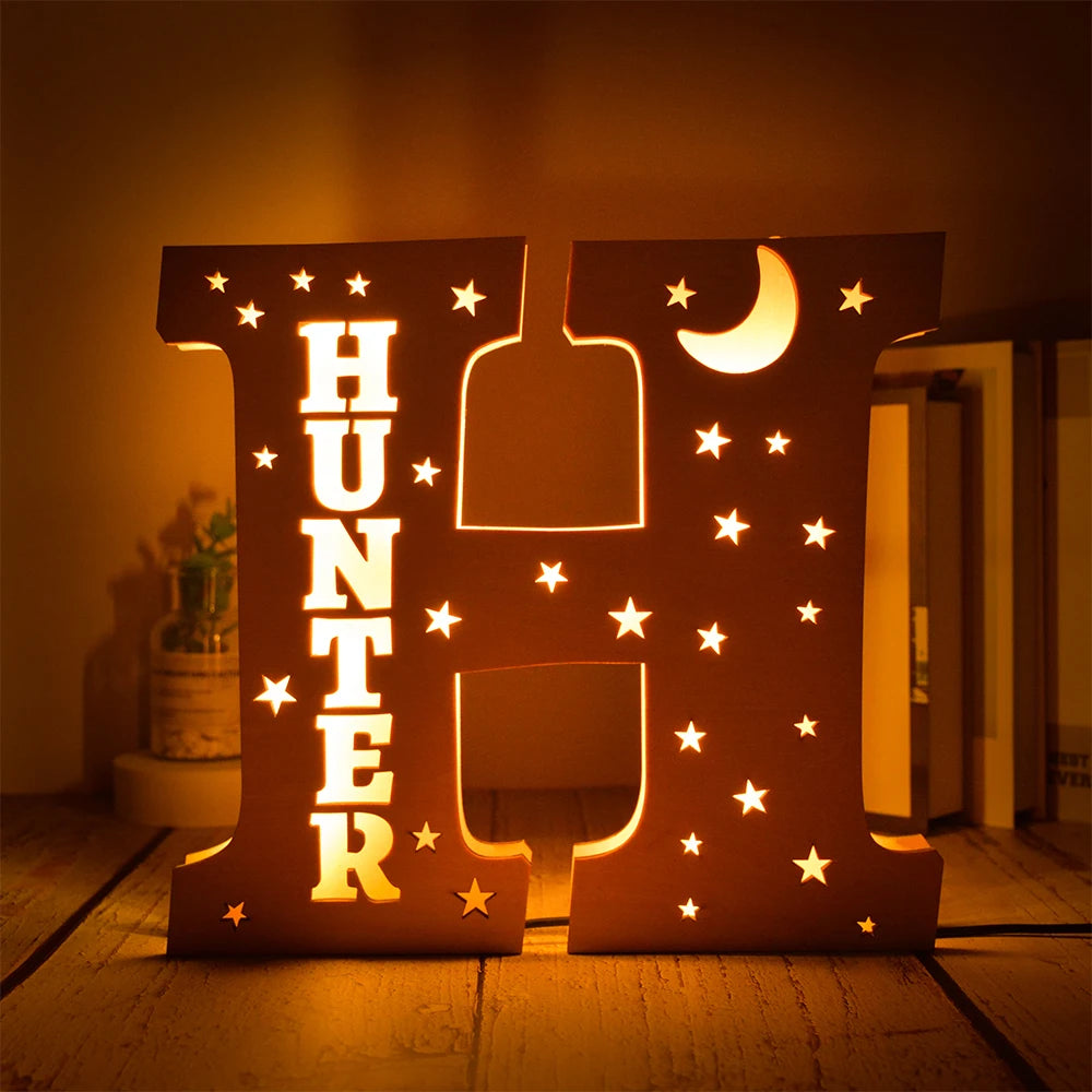 Custom 26 Letters LED Night Light Personalized With Stars Wooden Lamp