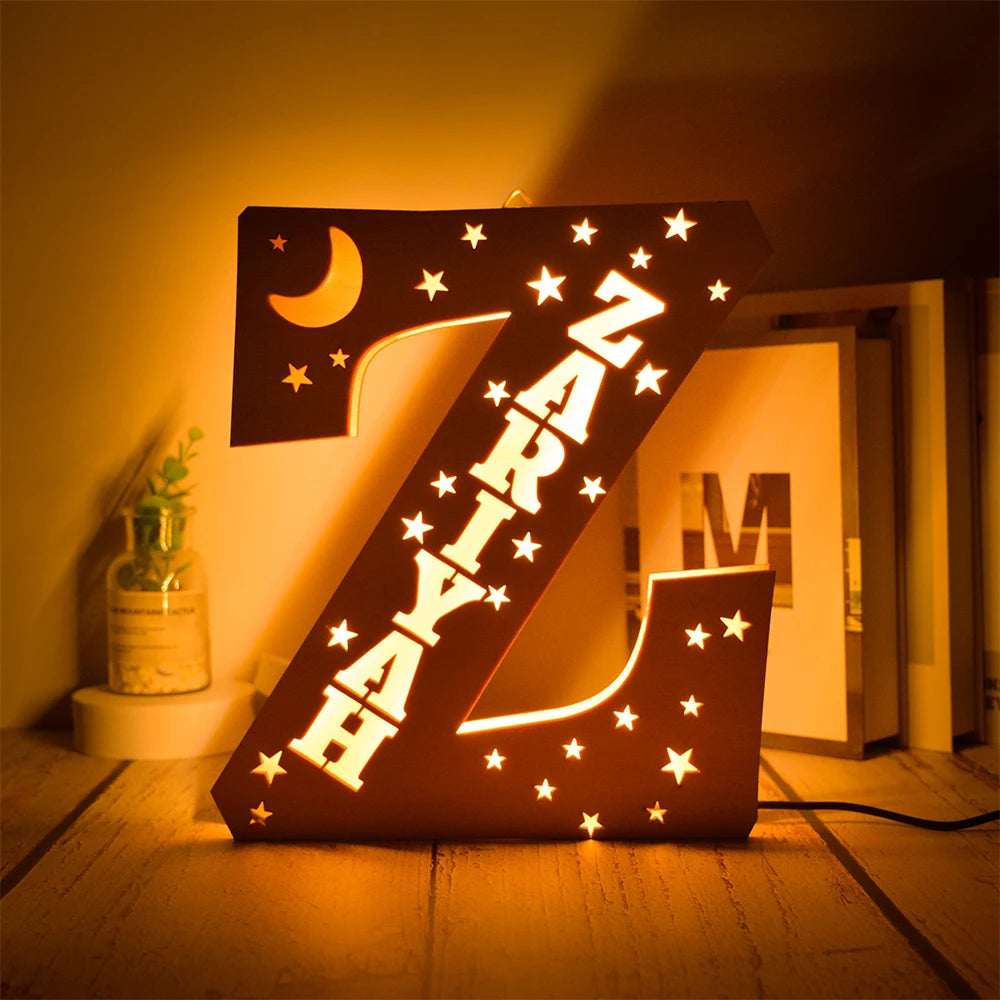 Custom 26 Letters LED Night Light Personalized With Stars Wooden Lamp